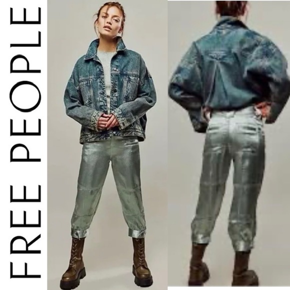 NEW Free People Ryder Pants Metallic Silver Satin Moto Crop Vegan Shiny Green 0 - Picture 2 of 13